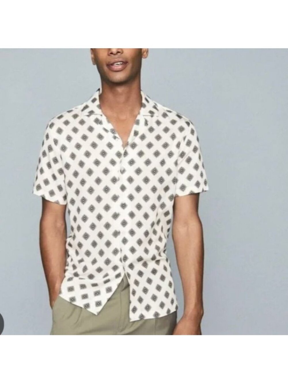 Reiss Shirt Mens XL White Joss Medallion Print Cuban Collar Button Up